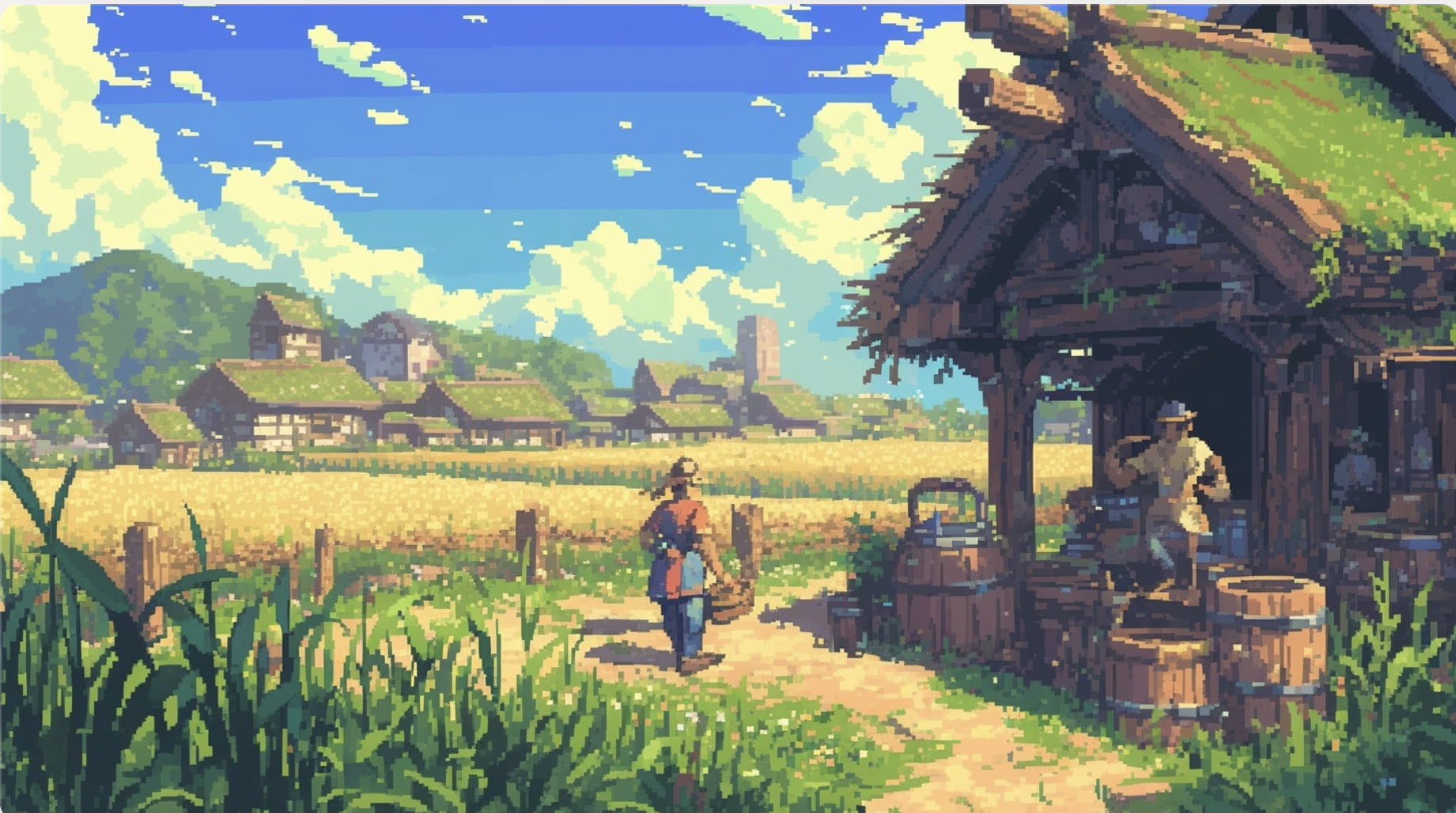 Pixel-art marketplace village — a path to the exchange